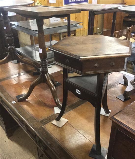 Mahogany rectangular topped table and a hexagonal topped table